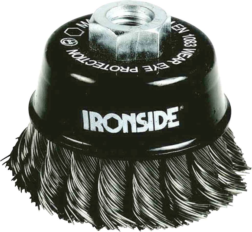 Drôtená kefa s kovovými štetinami a šesťhranným upevnením, značka 'Ironside', vhodná na odstraňovanie hrdze alebo farby.