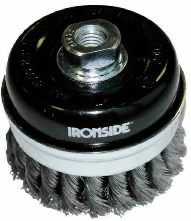 Drôtená kefka s pripevnením skrutkou a vygravírovaným názvom značky, vhodná na čistenie kovových povrchov.