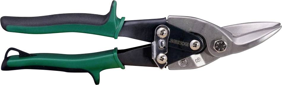 Zelené plechové nožnice s čiernou rukoväťou na bielom pozadí. Majú zahnuté ostrie a sú vhodné na strihanie plechu.