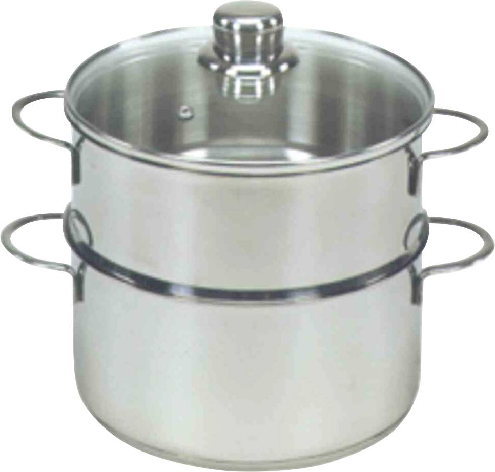 Nerezový parný hrniec s dvomi hrncami a sklenenou pokrievkou, ideálny na šetrné varenie zeleniny a jedál.