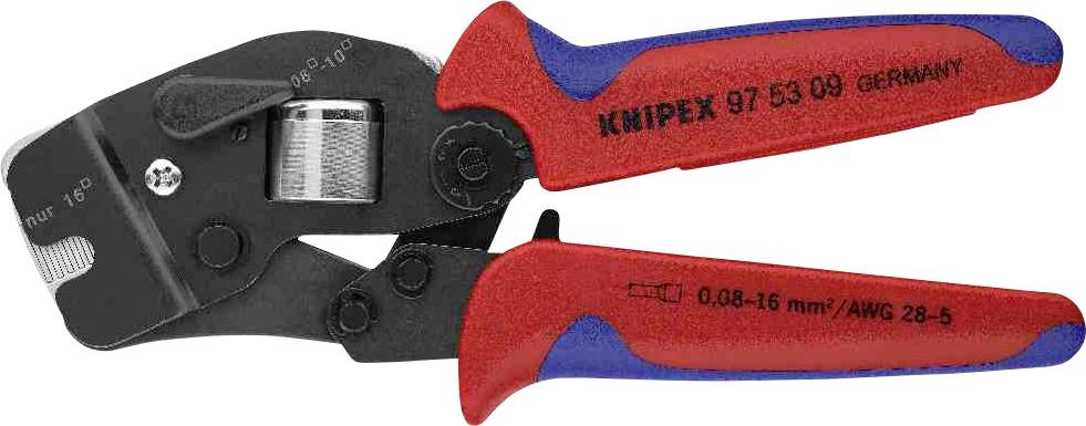 Ručné lisovacie kliešte Knipex, model 97 53 09, v červenej a modrej farbe, vhodné pre koncové dutinky od 0,08 do 16 mm².