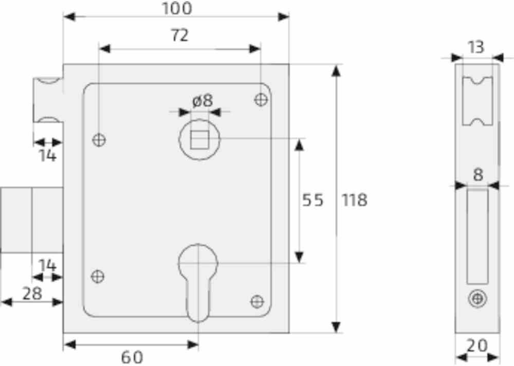 Technický výkres zámku dverí s rozmermi: šírka 100 mm, výška 118 mm, hĺbka 60 mm. Zobrazený otvor pre kľúč a montážny otvor.