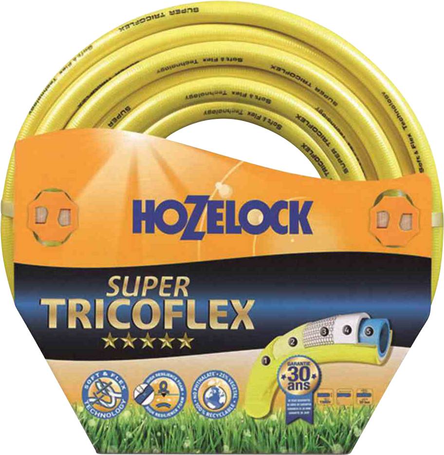 Žltá záhradná hadica značky Hozelock, model Super Tricoflex. Balenie zobrazuje trvanlivosť a 30-ročnú záruku.