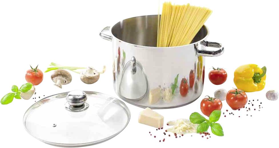Strieborný hrniec so syrových špagiet obklopený paradajkami, paprikou, hubami, bazalkou a parmezánom. Pokrievka leží vedľa.