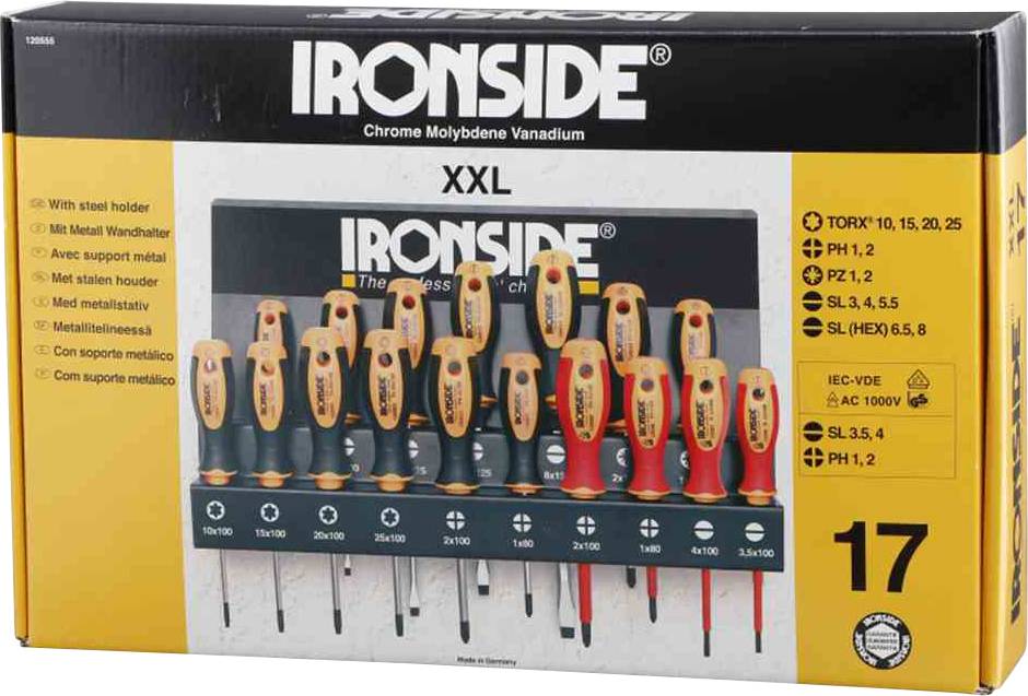 Sada skrutkovačov IRONSIDE XXL s kovovým držiakom, 17 dielov, rôzne veľkosti a tvary vrátane torx a plochých variantov.