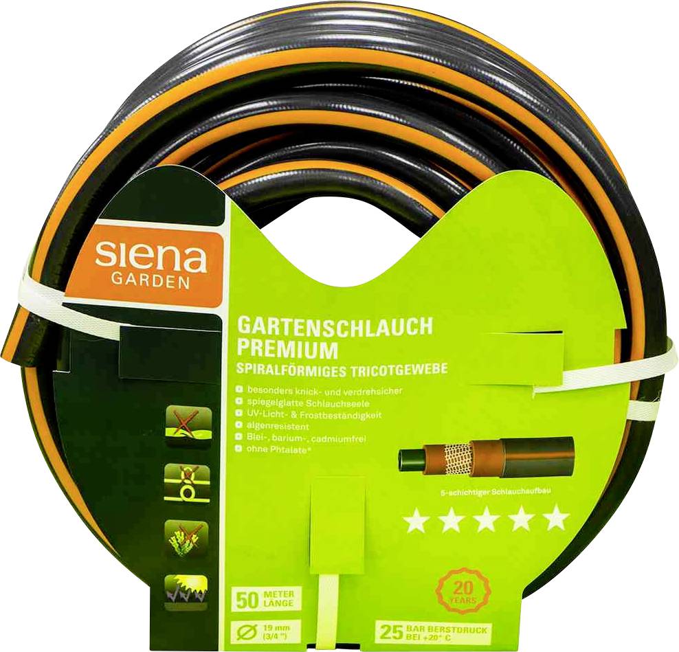 Zelený obal s navinutou záhradnou hadicou 'Siena Garden Gartenschlauch Premium'. Dĺžka: 50 metrov, 25 rokov záruky.