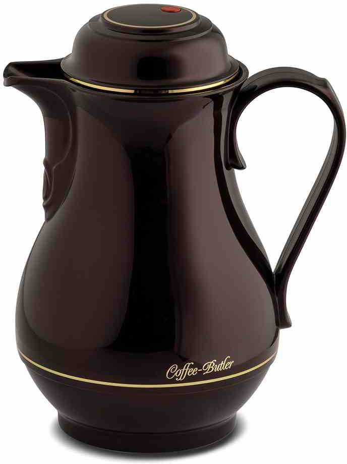 Hnedá termovka so zlatými akcentmi. Na nádobe je napísané 'Coffee Butler'. Má rukoväť a uzatvárateľný kryt.