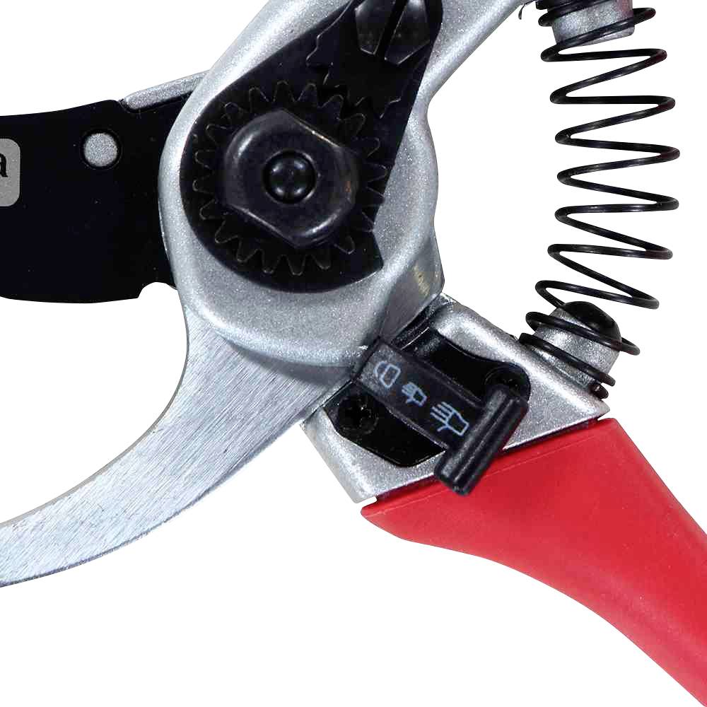 Detailný záber záhradníckych nožníc s červenou rukoväťou a pružinovým mechanizmom. Používajú sa na starostlivosť a strihanie rastlín.