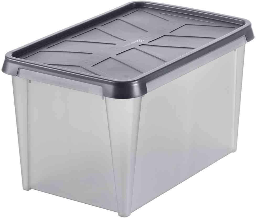 Priehľadný plastový úložný box s čiernym vekom, s mierne zaoblenými rohmi. Ideálny na uskladnenie predmetov.