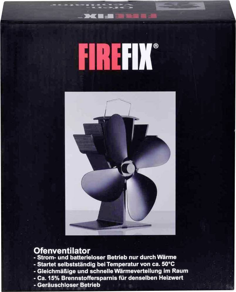 Nápis 'Firefix Ofenventilator' na čiernom pozadí. Funguje bez elektriny a batérií, spúšťa sa pri 50°C, rozptyľuje teplý vzduch a šetrí 15% vykurovacieho paliva. Prevádzka bez zápachu.