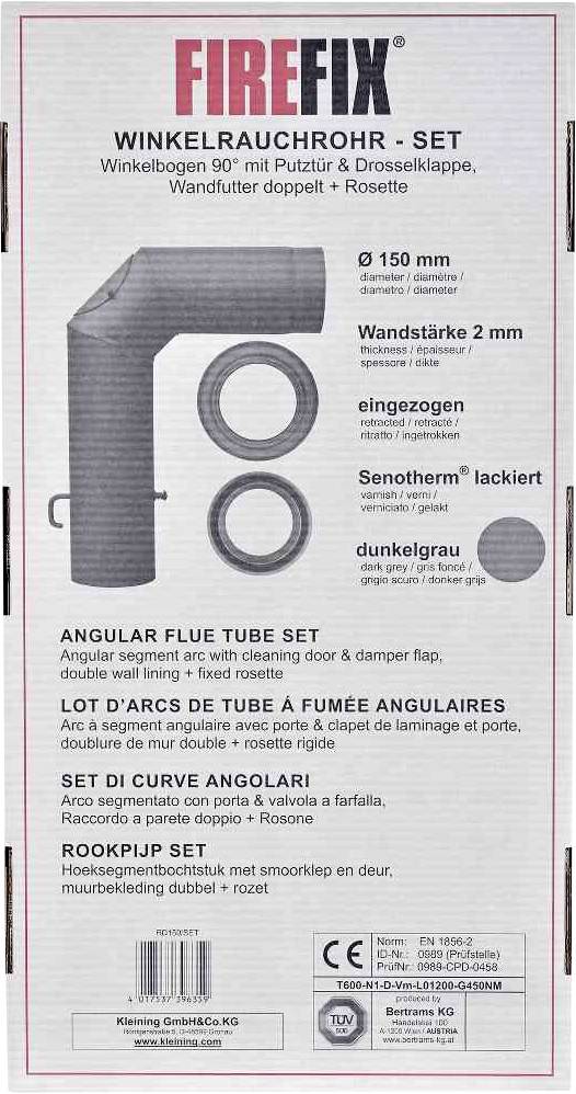Súprava dymovodu FIREFIX v uhle 90°, pozostávajúca z kolena, škrtiacej klapky a stenového límca. Priemer rúry: 150 mm, farba: tmavosivá.