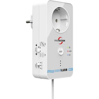 Obrázok zobrazuje WiFi zásuvku s nápisom 'AQUAALARM' a 'PROTECTOR'. Má tlačidlá pre reset a alarm.