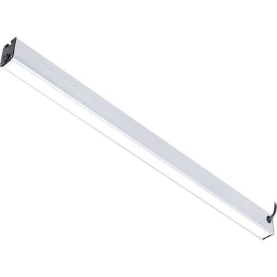 Podlhovhastá žiarivková lampa so strieborným rámom. Zavesenia na oboch koncoch, vhodná na montáž na strop.