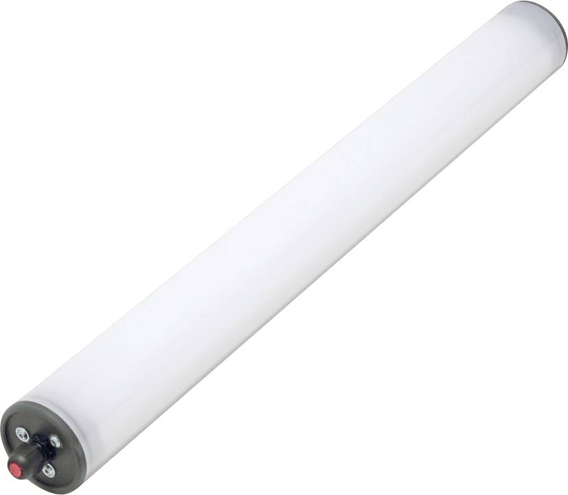Podlhovastý biely LED svetelný pruh s čiernym koncom, ktorý obsahuje červené tlačidlo a dve skrutky.