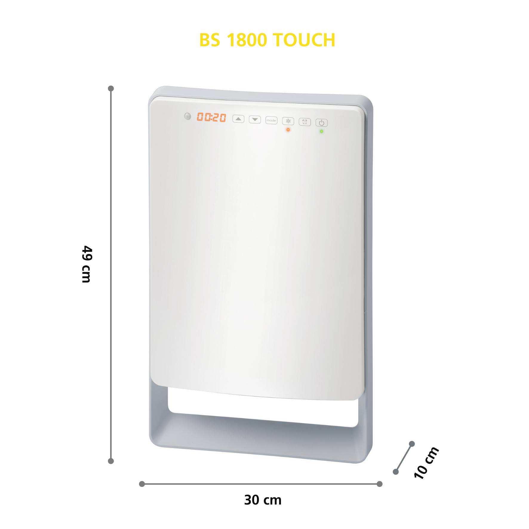 Obdĺžnikové, biele zariadenie s digitálnym displejom na vrchu. Označené ako 'BS 1800 TOUCH'. Rozmery: 49 cm vysoké, 30 cm široké, 10 cm hlboké.