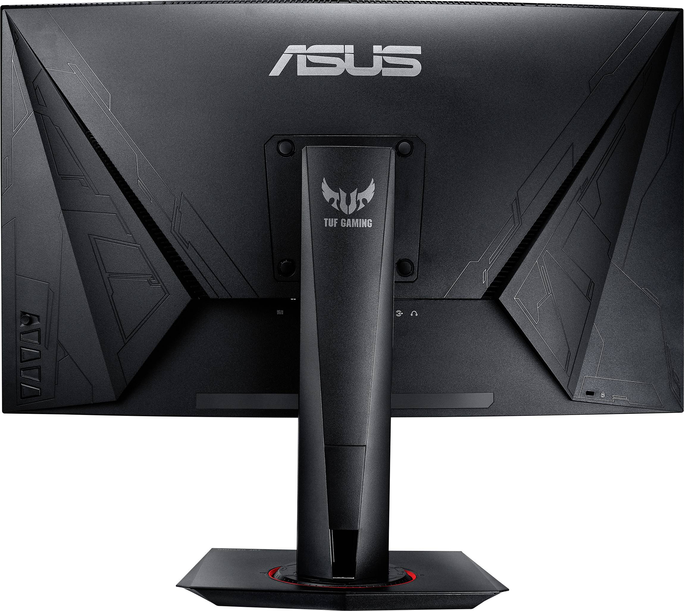 Pohľad zozadu na herný monitor ASUS TUF s výrazným logom a robustným stojanom, vhodný pre dynamické herné zážitky.