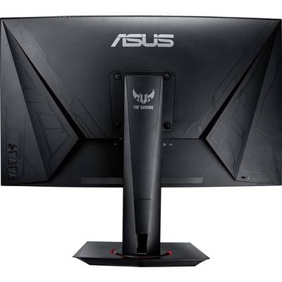 Pohľad zozadu na herný monitor ASUS TUF s výrazným logom a robustným stojanom, vhodný pre dynamické herné zážitky.
