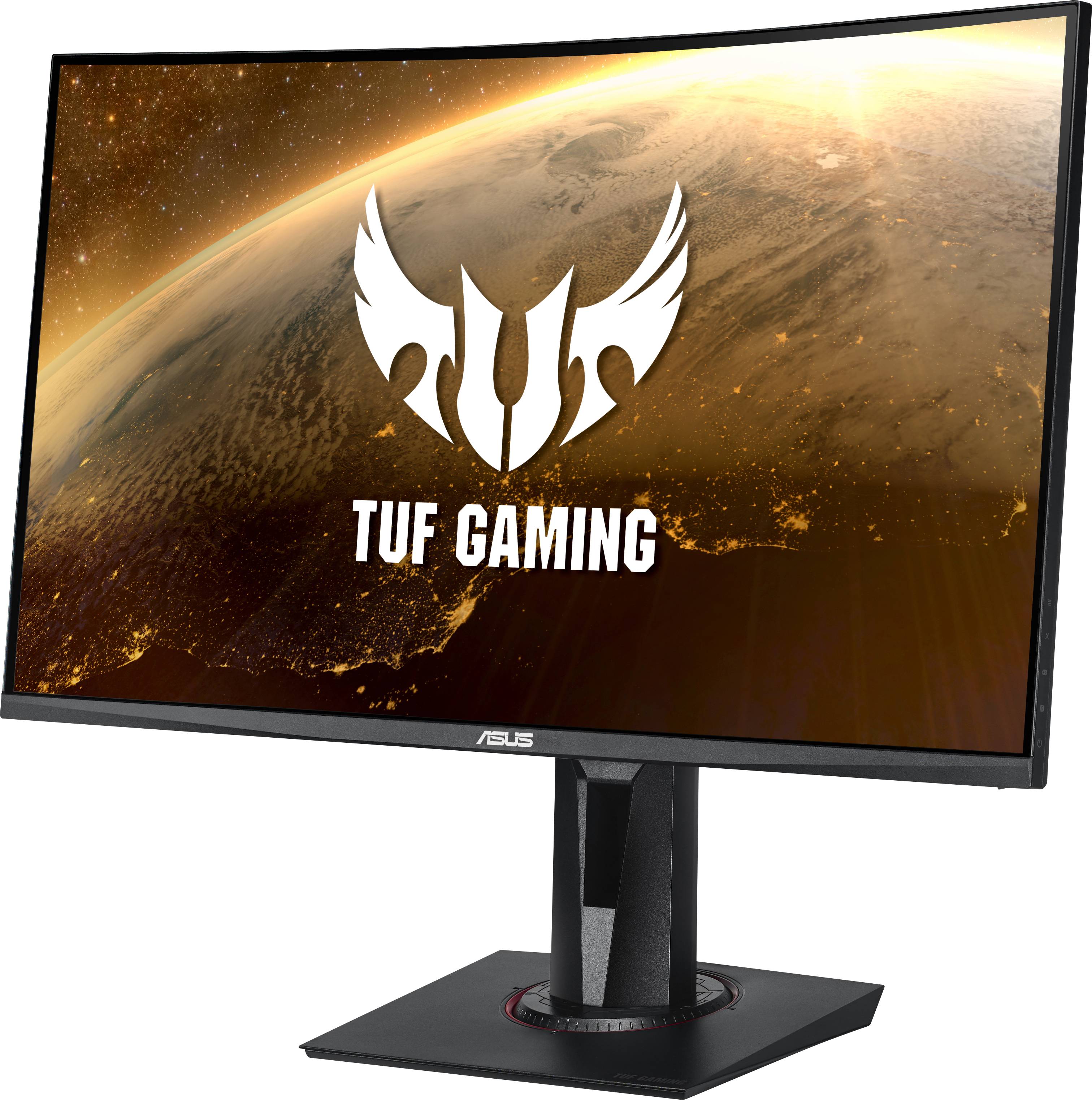 Herný monitor ASUS TUF s zakrivením displeja; zobrazuje motív vesmíru a logo TUF Gaming; určený pre náročný herný zážitok.