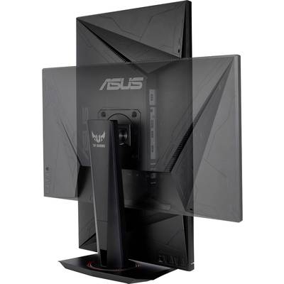 Čierny herný monitor značky ASUS v zvislej orientácii. Viditeľný je zadný kryt a stojan s charakteristickými líniami.