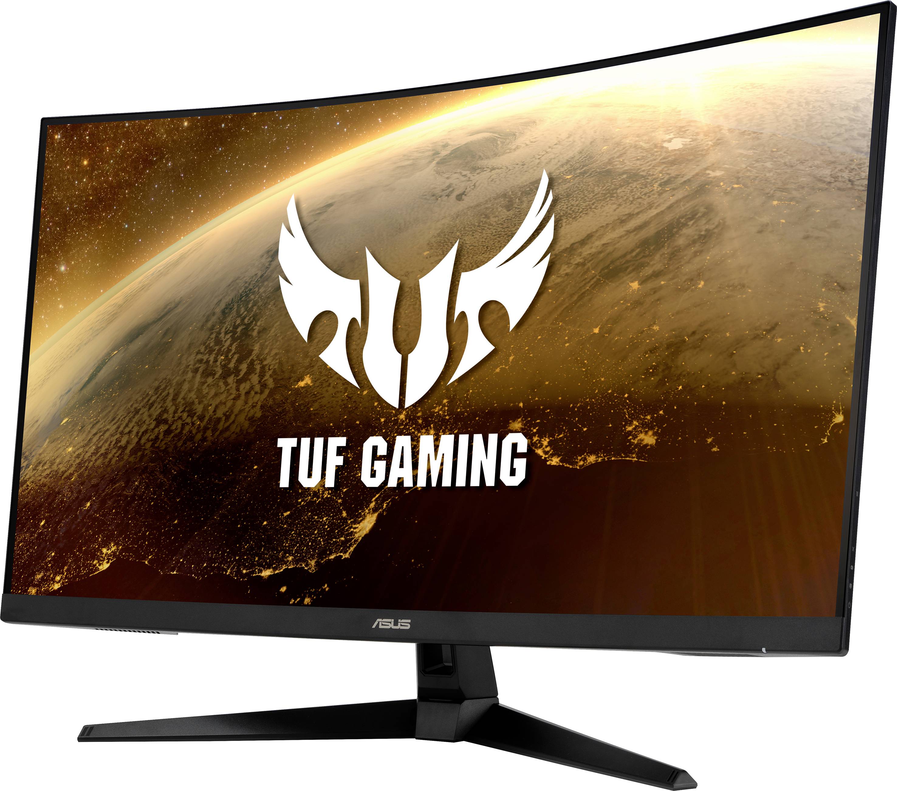 Zakrivený herný monitor ASUS TUF s osveteným vesmírnym pozadím. Logá a názov značky sú viditeľné.