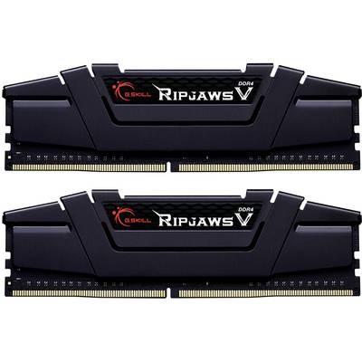 Dva moduly operačnej pamäte G.Skill Ripjaws V DDR4 v čiernej farbe, vhodné pre výkonné počítače, s červenými a bielymi akcentmi na hornej strane.