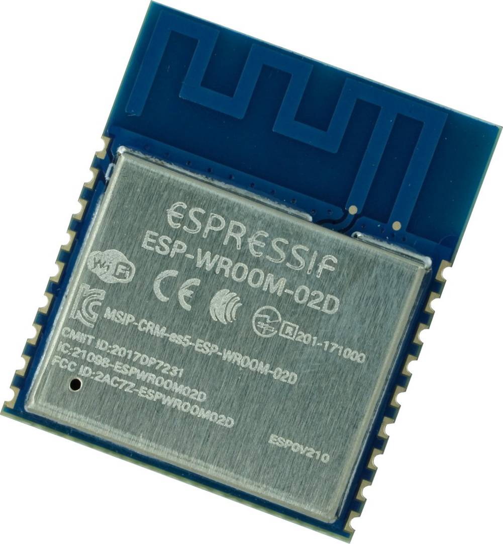Modrý mikrokontrólny modul, označený nápisom 'ESPRESSIF ESP-WROOM-02D', zobrazuje technické špecifikácie a certifikácie.