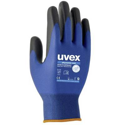 Modrá bezpečnostná pracovná rukavica s čiernym poťahom a logom 'uvex phynomic wet', vyrobená v Nemecku, veľkosť 9.