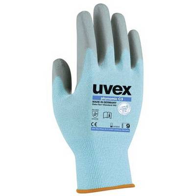 Rukavica Uvex, model 'phynomic C3', veľkosť 9, modro-sivá s nápisom, vhodná pre priemyselné použitie v Nemecku.