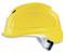 Žltá ochranná prilba z bočného pohľadu, vhodná pre stavenisko alebo priemyselné prostredie.
