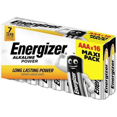 Batériový balík 'Energizer Alkaline Power', AAA, 16 kusov. Dlhotrvajúci výkon, 7 rokov skladovateľnosti. Obal zobrazuje maskota batérií.