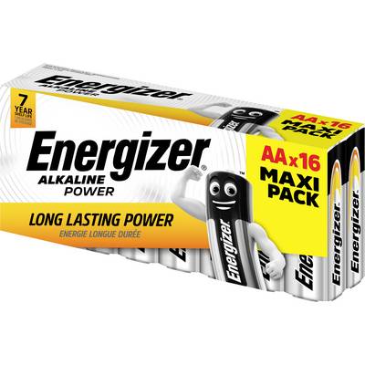 Balenie 16 AA batérií od Energizeru, popísané ako dlhotrvajúce. Na obale je znázornená postava Energizeru a logo.