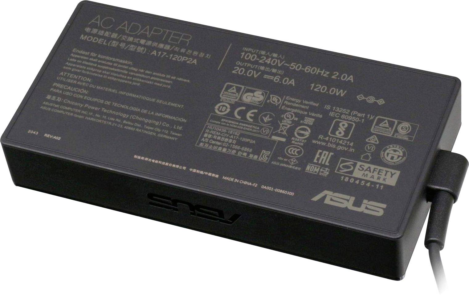 Čierny napájací adaptér s nápisom 'AC ADAPTER', technickými špecifikáciami a názvom značky. Napätie: 19V, Výkon: 120W.