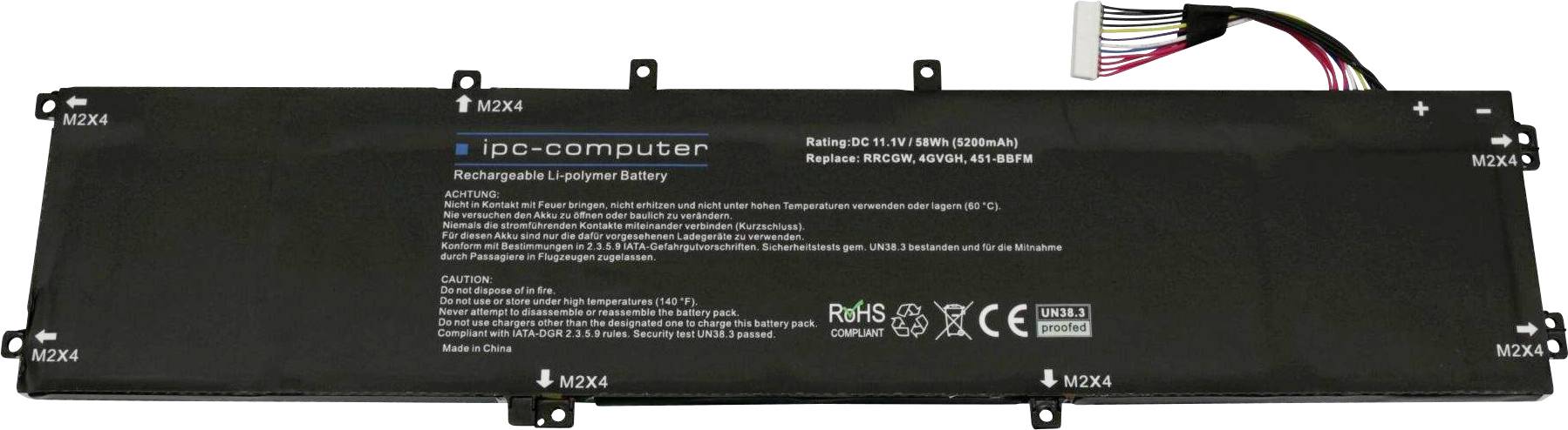Obdĺžniková, čierna laptopová batéria s nápisom "ipc-computer". Obsahuje technické špecifikácie a bezpečnostné pokyny.