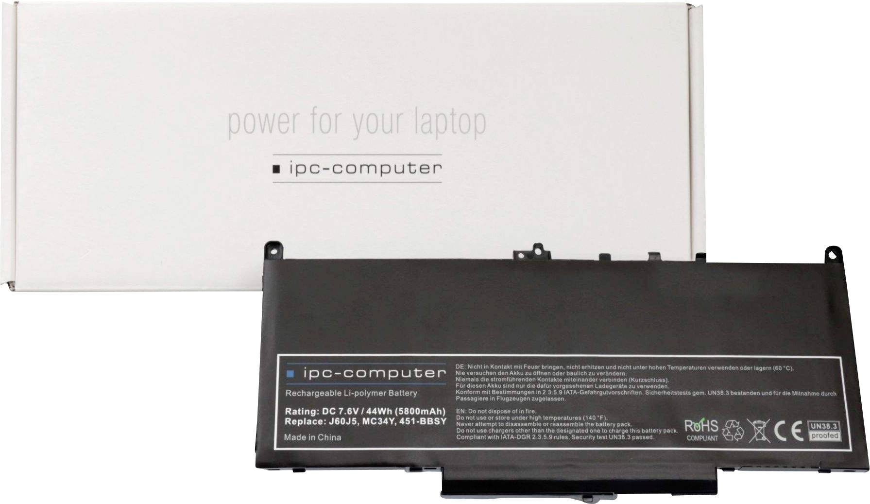 Laptop batéria s nápisom 'ipc-computer' pred bielou krabicou s nápisom 'power for your laptop'.