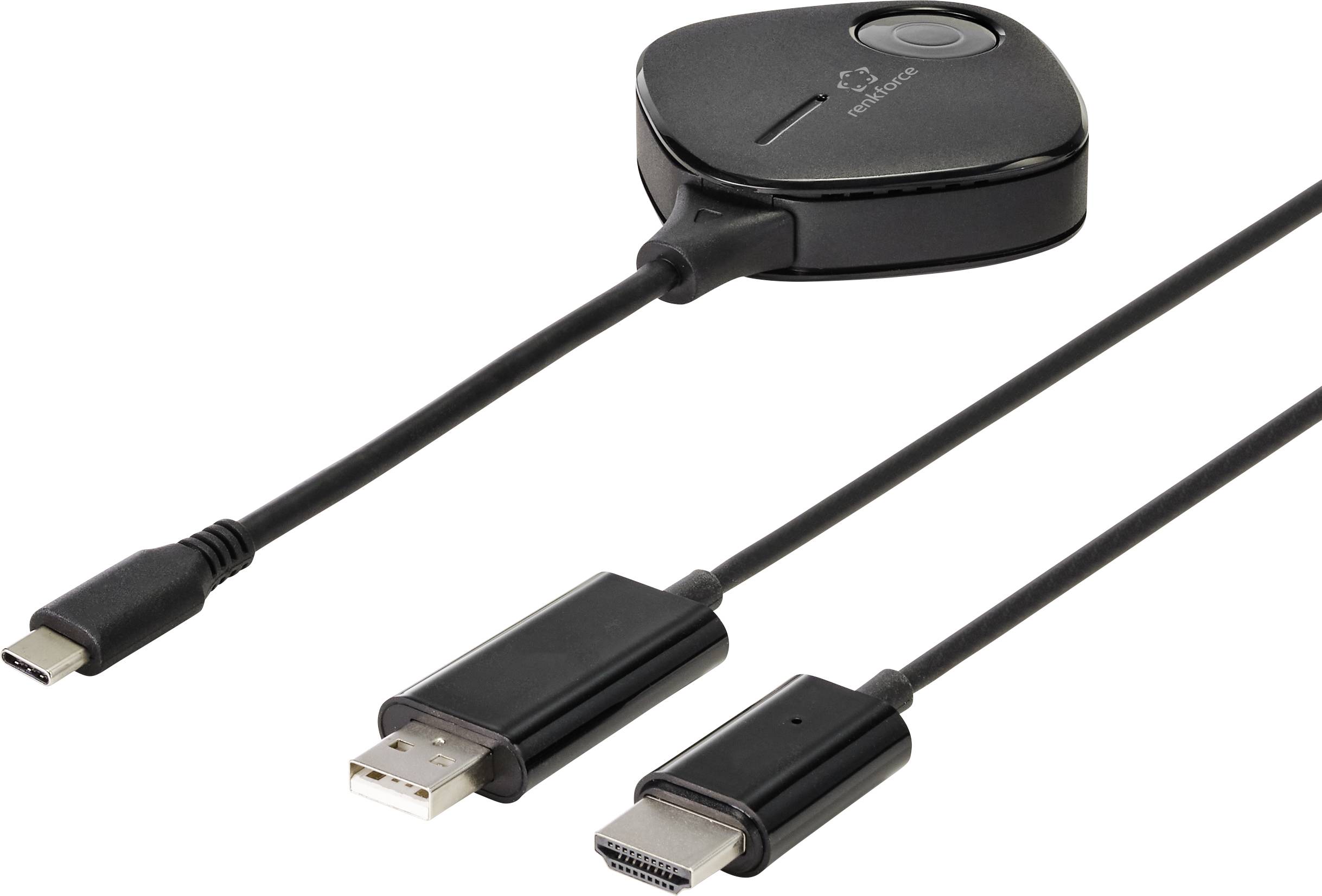 Bezdrôtový vysielací vysielač s USB-C, USB-A a HDMI káblom umožňuje prepojenie medzi zariadeniami a displejmi.