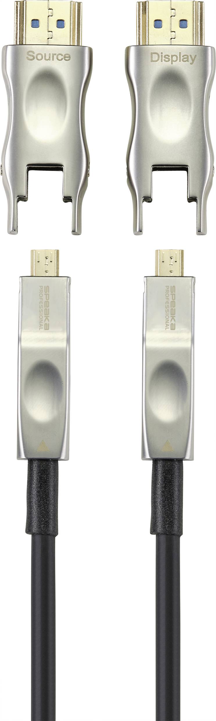 Konce HDMI kábla označené ako 'Source' a 'Display' na rozlíšenie vstupných a výstupných portov.