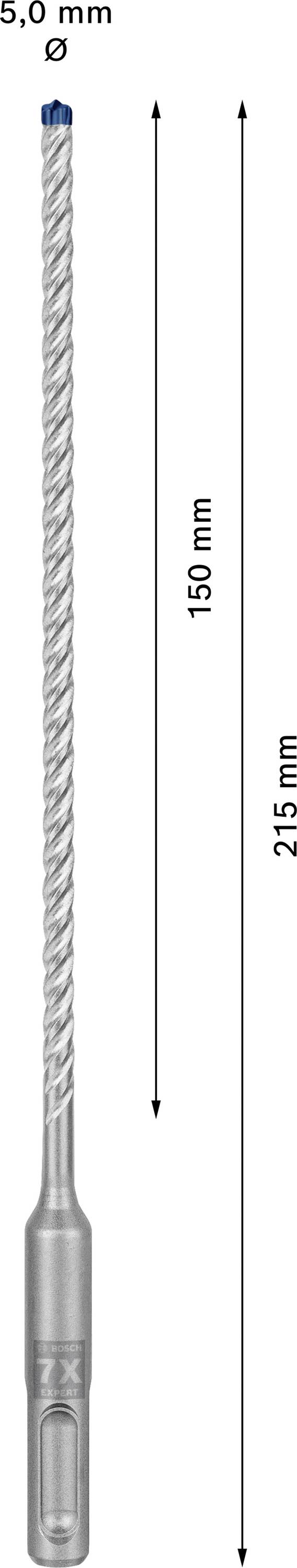 Vrták s priemerom 5,0 mm, celkovou dĺžkou 215 mm a pracovnou dĺžkou 150 mm.