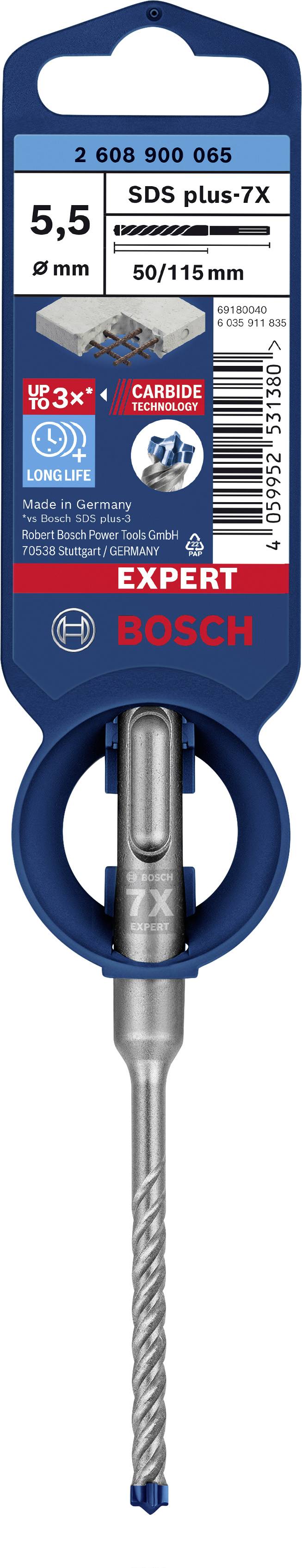 Vrták Bosch, SDS plus-7X, priemer 5,5 mm, dĺžka 50/115 mm, vhodný pre železobetón. Tlačený údaj na obale s technickými špecifikáciami produktu.