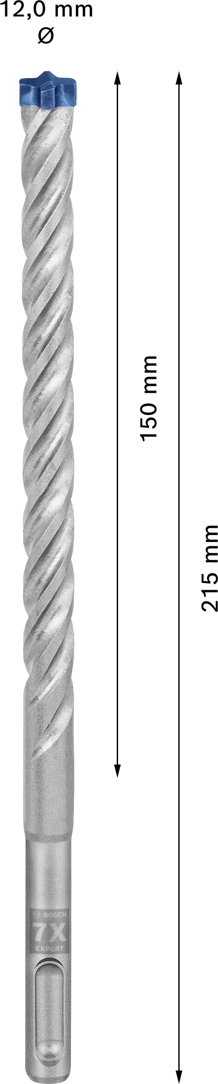 Vrták s modrým hrotom, priemer 12,0 mm, dĺžka vŕtania 150 mm, celková dĺžka 215 mm.