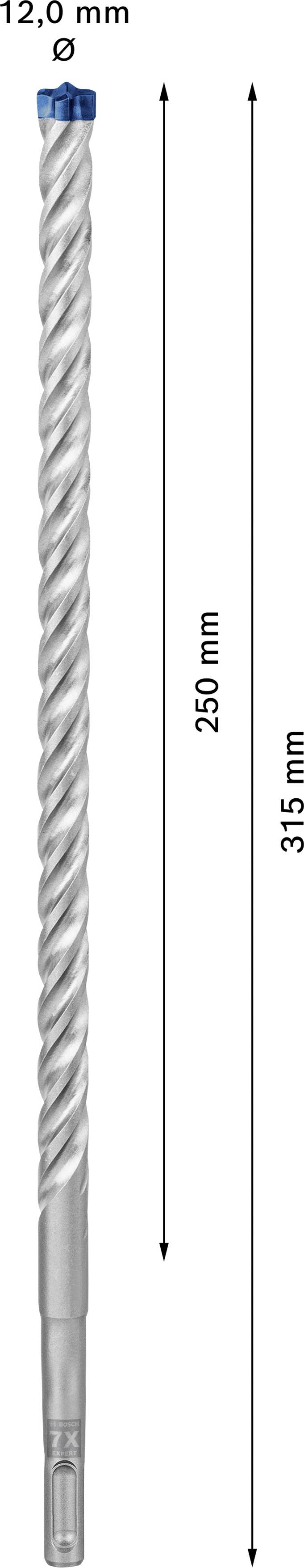 Vrták na betónové práce, priemer 12,0 mm, celková dĺžka 315 mm, pracovná hĺbka 250 mm, špirálový dizajn, sivej farby.