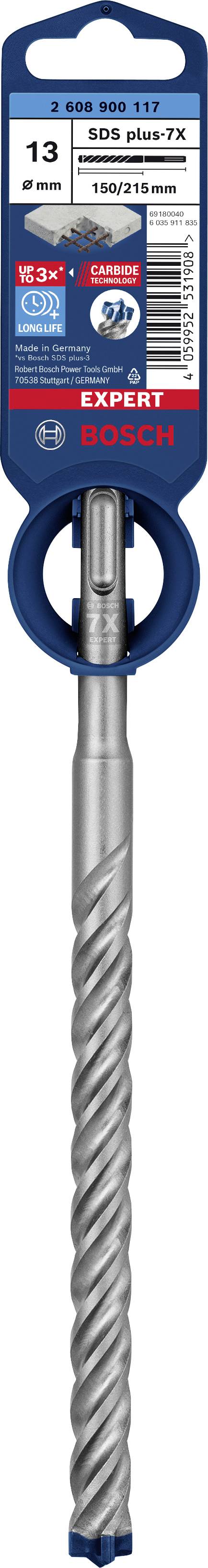 SDS-Plus vrták od Boscha, priemer 13 mm, séria Expert, vhodný pre betón, balenie zobrazuje vrták s modrým a červeným štítkom.