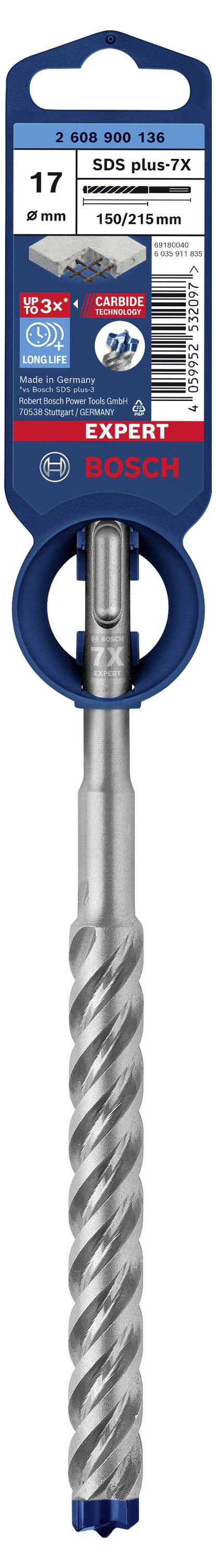 Vrták SDS plus-7X od Boscha, priemer 17 mm, dĺžka 150/210 mm, vhodný na vŕtanie betónu. Balenie zobrazuje logo značky.