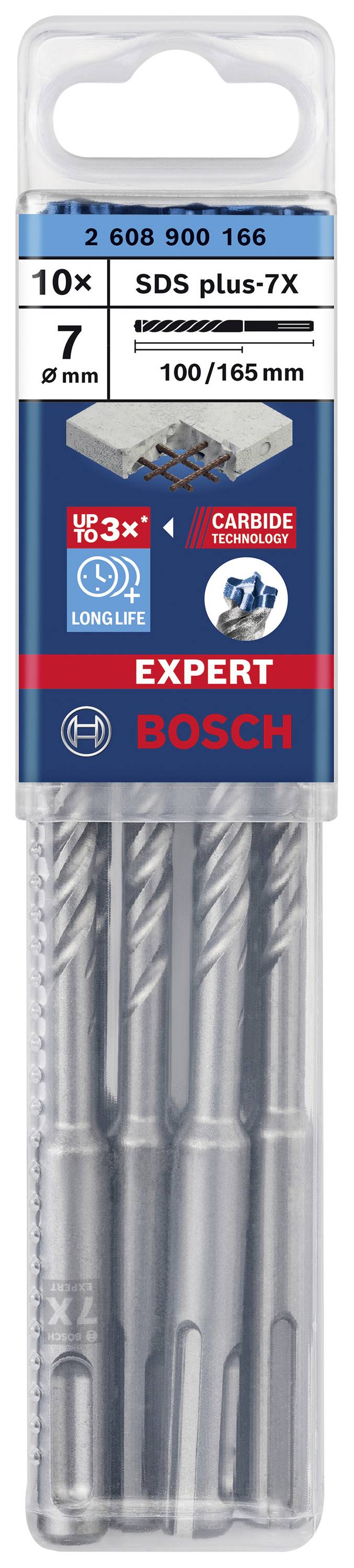 Sada vrtákov Bosch pozostávajúca zo štyroch SDS-plus-7X vrtákov s priemerom 7 mm a dĺžkou 100/165 mm na betón.