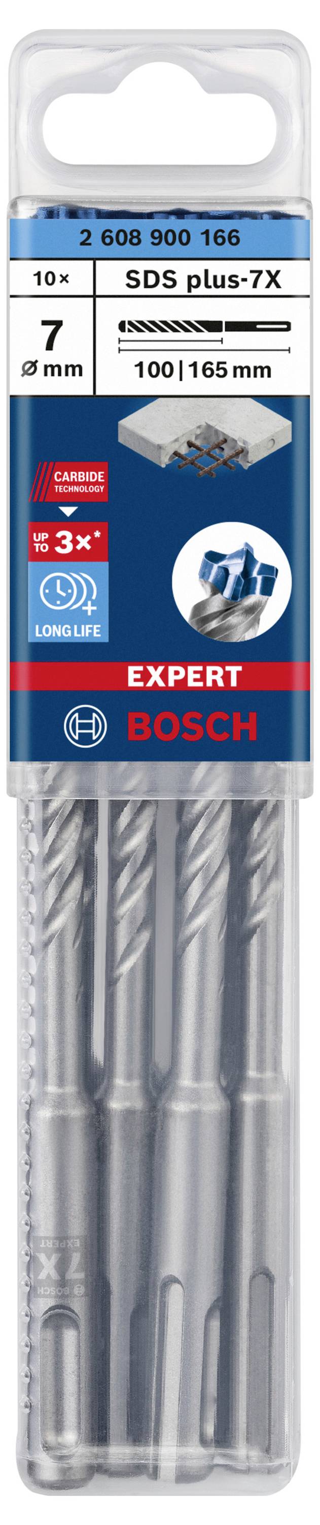Balenie vrtákov značky Bosch. Obsahuje päť vrtákov na betónové práce, 'SDS plus-7X', s priemerom 7 mm a dĺžkou 100/165 mm.