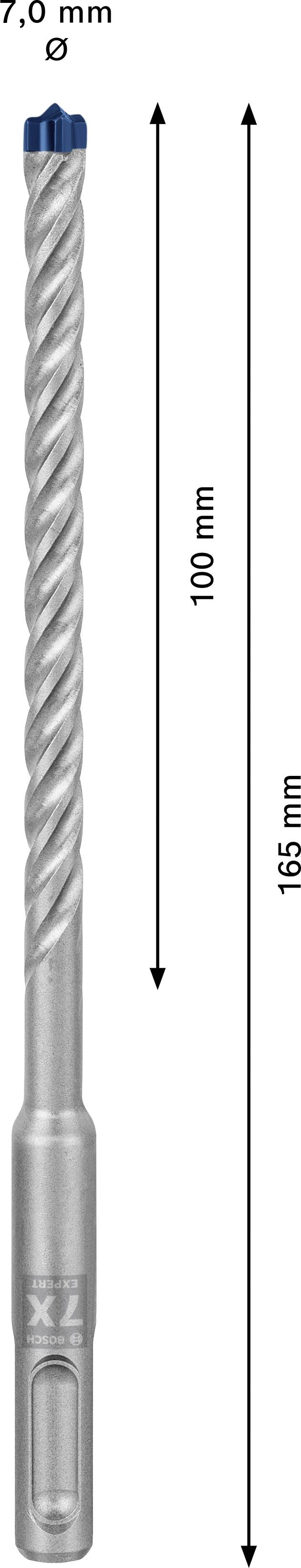 Vrták s priemerom 7 mm, celková dĺžka 165 mm. Hĺbka vŕtania 100 mm.