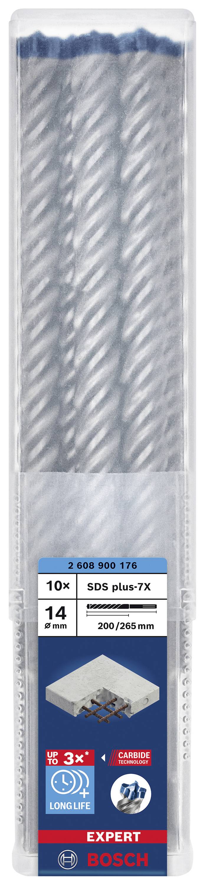 Balenie vrtákov Bosch SDS plus-7X, 10 kusov, veľkosť 14 x 200 x 265 mm, vhodné pre betón, tehly a kamenné materiály.