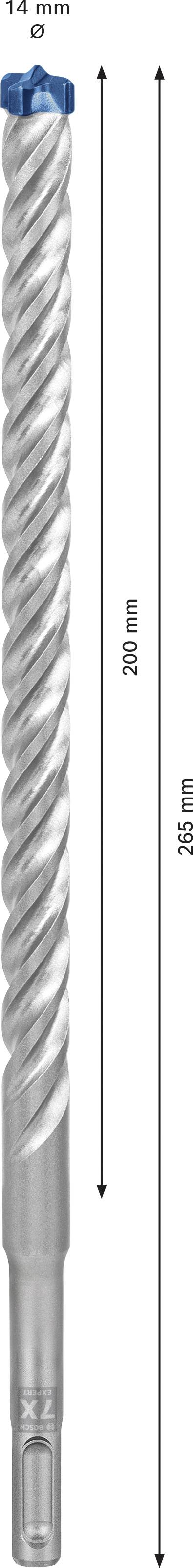 Vrták s modrou špičkou, priemer 12 mm a dĺžka 200 mm, celková dĺžka 265 mm.
