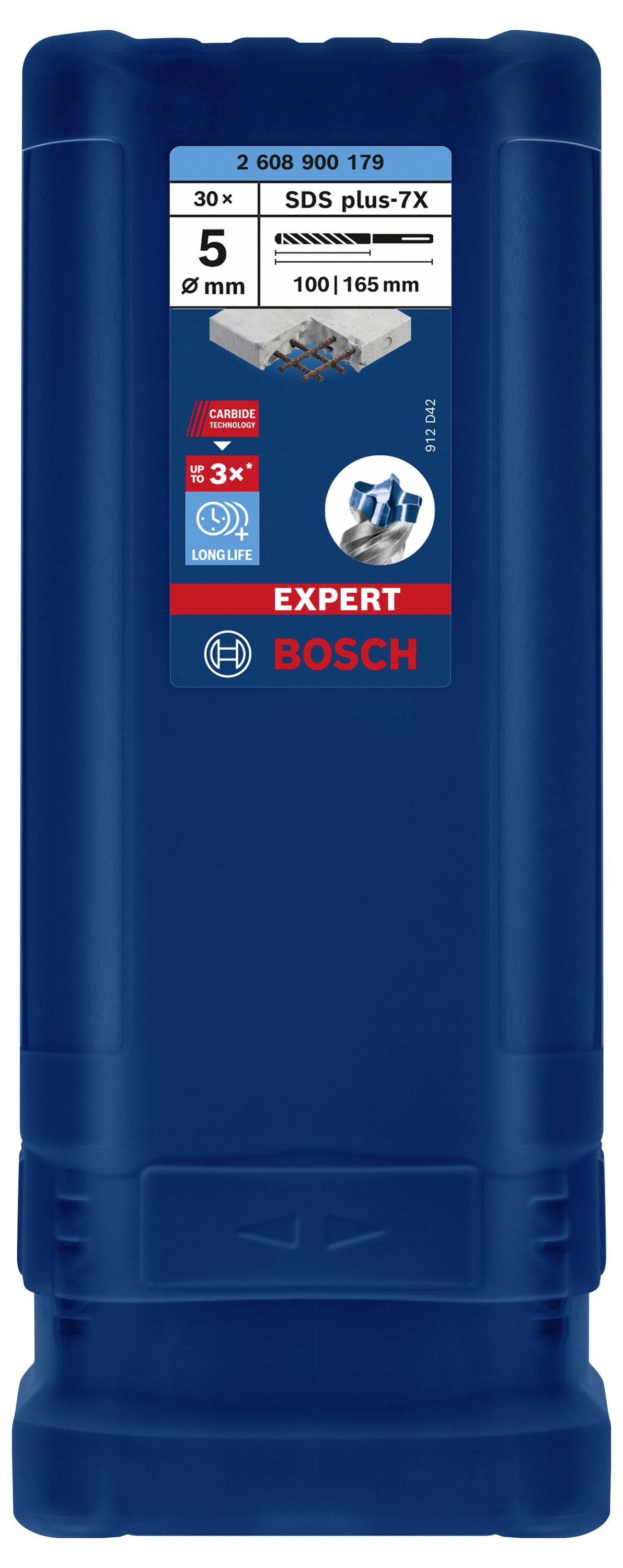 Modrý obal série vrtákov, pre SDS plus-7X vrtáky, veľkosť 5 mm, 30 kusov, s dlhotrvácnymi vlastnosťami a logom Bosch.