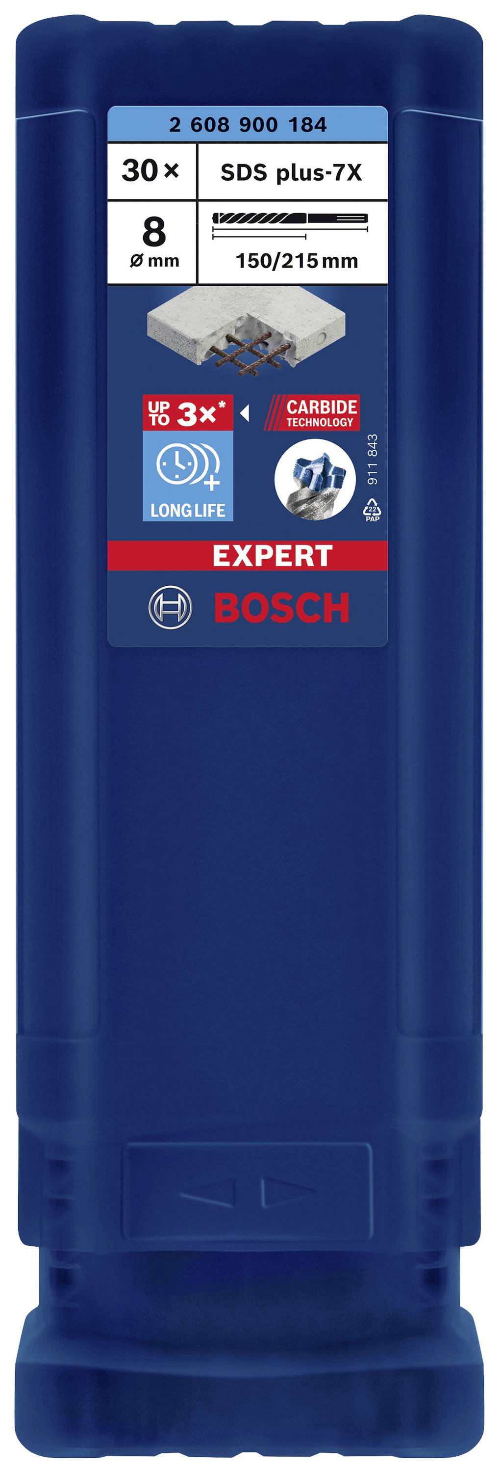 Sada vrtákov s nápisom 'Bosch Expert SDS plus-7X, 8mm, 150/215mm, 30 kusov'. Obrázok vrtáka s upozornením na dlhú životnosť.