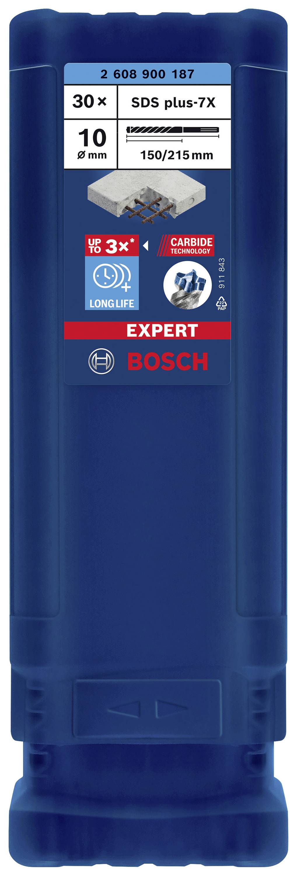 Balenie vrtákov s 30 kusmi, SDS plus-7X, priemer 10 mm, dĺžka 150/215 mm. Obsahuje logo 'Expert Bosch' a sľub: '3x dlhšia životnosť'.